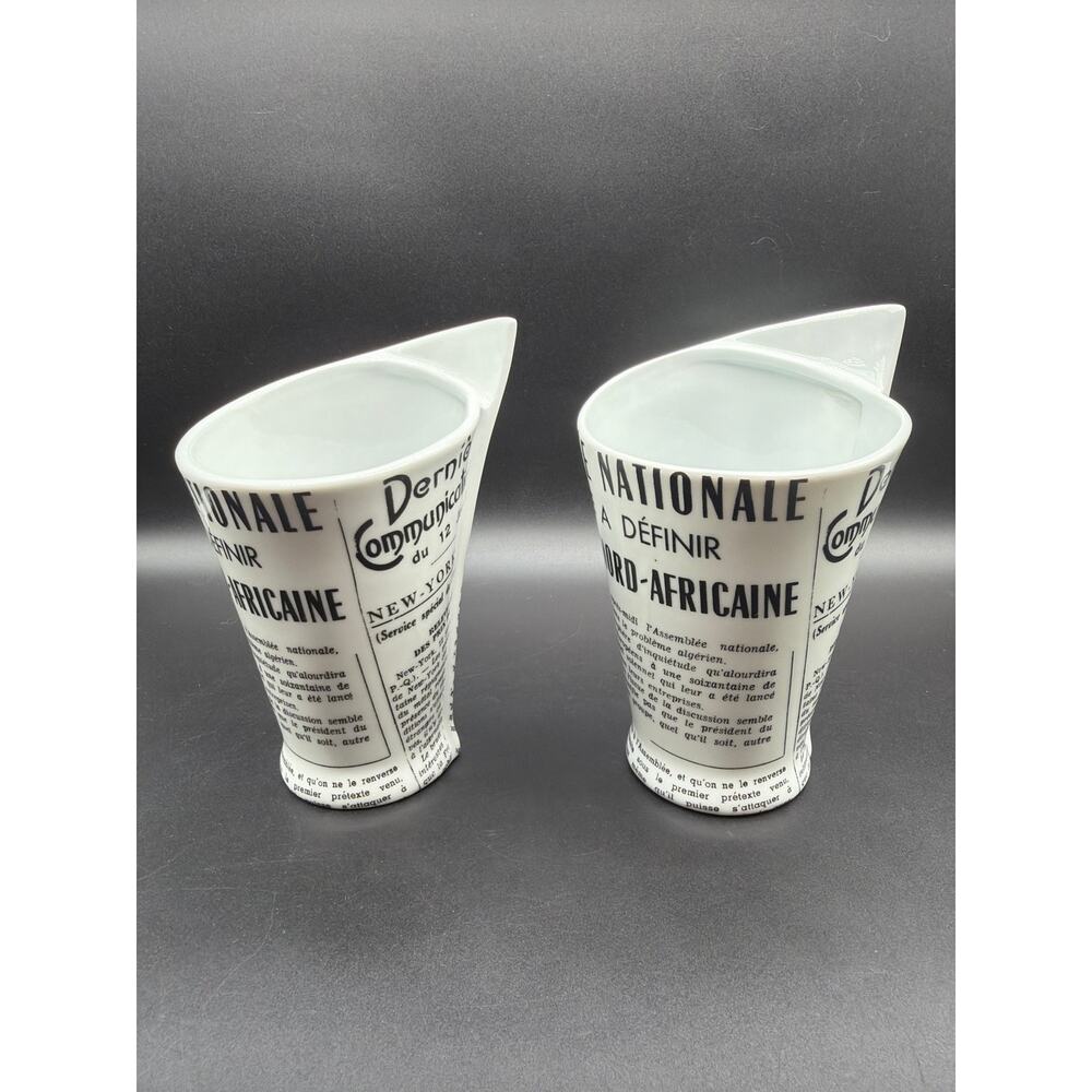 Williams Sonoma French Newspaper Porcelain Fry Holders Paris Cafe Set 2